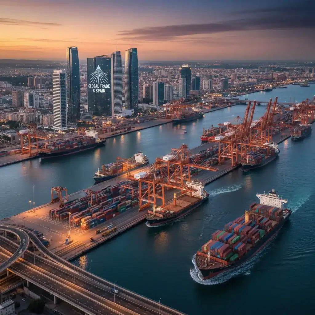 Panorama urbano al anochecer con puerto y edificios modernos, reflejando el comercio internacional y la inversión en España.