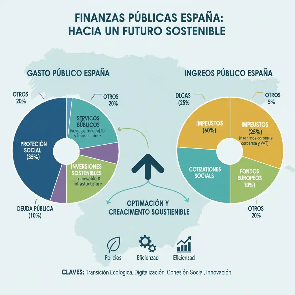 Infografía detallada de los componentes del gasto público y los ingresos en España.