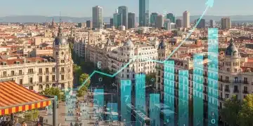 Panorama urbano de una ciudad española con edificios modernos y gente en terrazas, simbolizando el coste de vida y la economía.