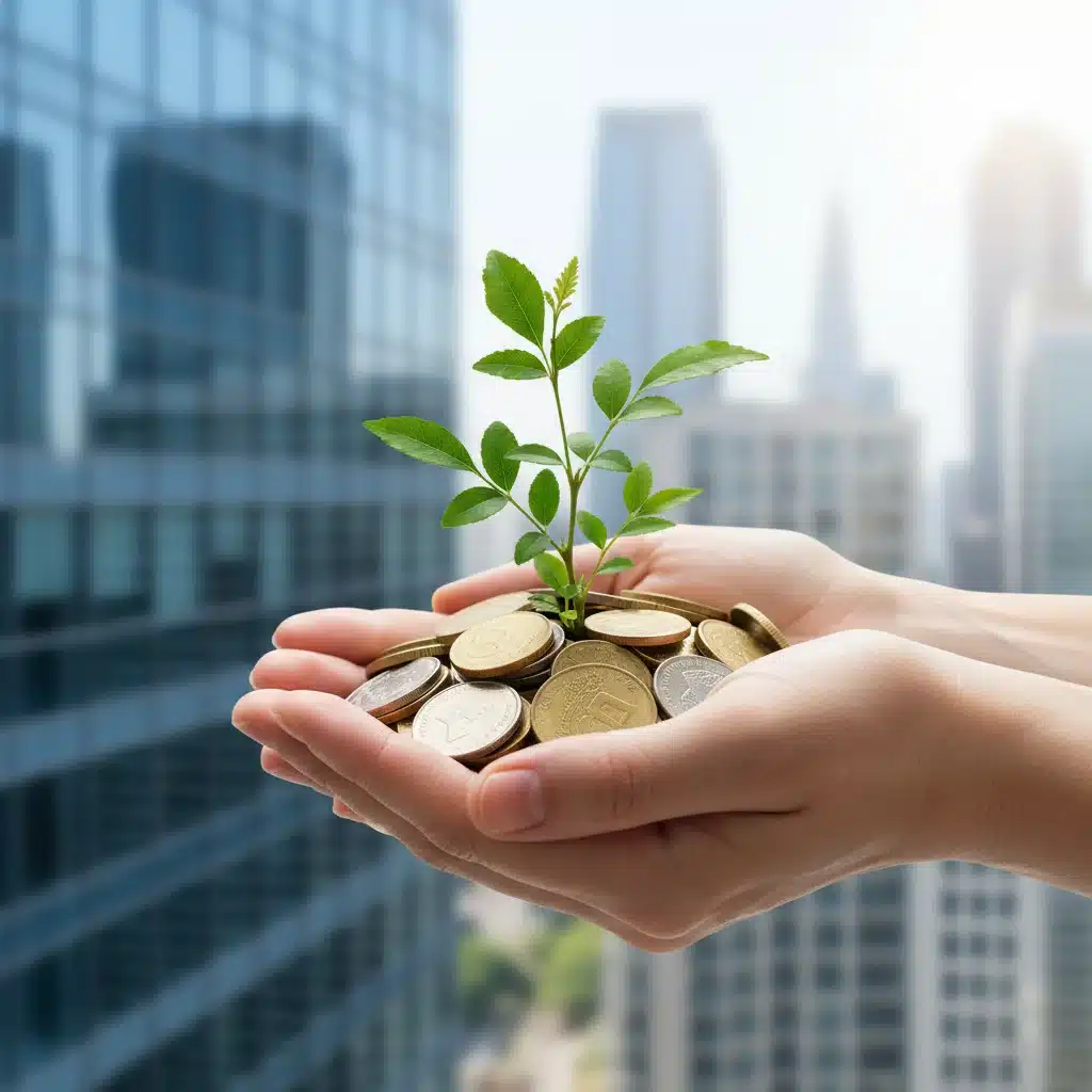 Manos sosteniendo una planta que brota de monedas, simbolizando el crecimiento financiero sostenible.