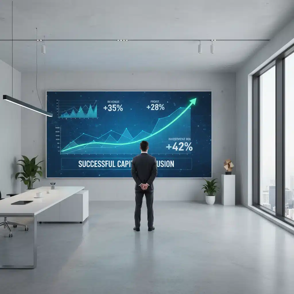 Pantalla digital mostrando crecimiento empresarial y métricas financieras en una oficina moderna.