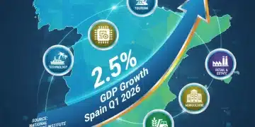 Gráfico que ilustra el crecimiento del PIB español del 2,5% en el primer trimestre de 2026, con iconos de sectores clave.