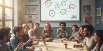 Grupo diverso aprendiendo idiomas en un aula moderna con símbolos de financiación gubernamental. Cursos de idiomas subvencionados 2026.