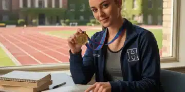 Joven deportista de alto nivel estudiando con medalla, simbolizando el equilibrio entre estudios y deporte.