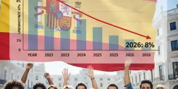 Gráfico de reducción del desempleo en España 2026 con perspectivas optimistas.