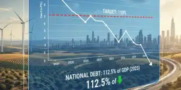 Gráfico de la evolución de la deuda pública española y objetivo de reducción al 110% del PIB para 2026.