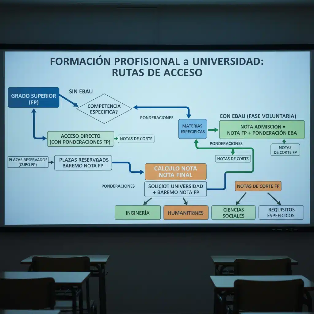 Diagrama de flujo detallado con las vías y requisitos para el acceso a la universidad desde FP.