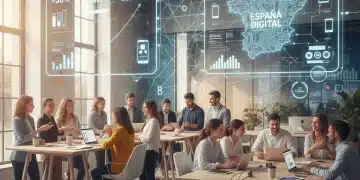 Oficina moderna de PYME española con empleados colaborando, pantallas digitales y gráficos de crecimiento, simbolizando la digitalización y el aumento de la productividad para 2026.