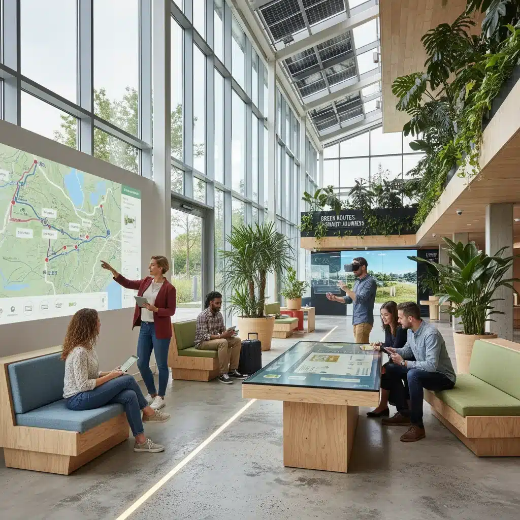 Viajeros utilizando dispositivos digitales en un hotel moderno, representando la digitalización y sostenibilidad en el turismo.
