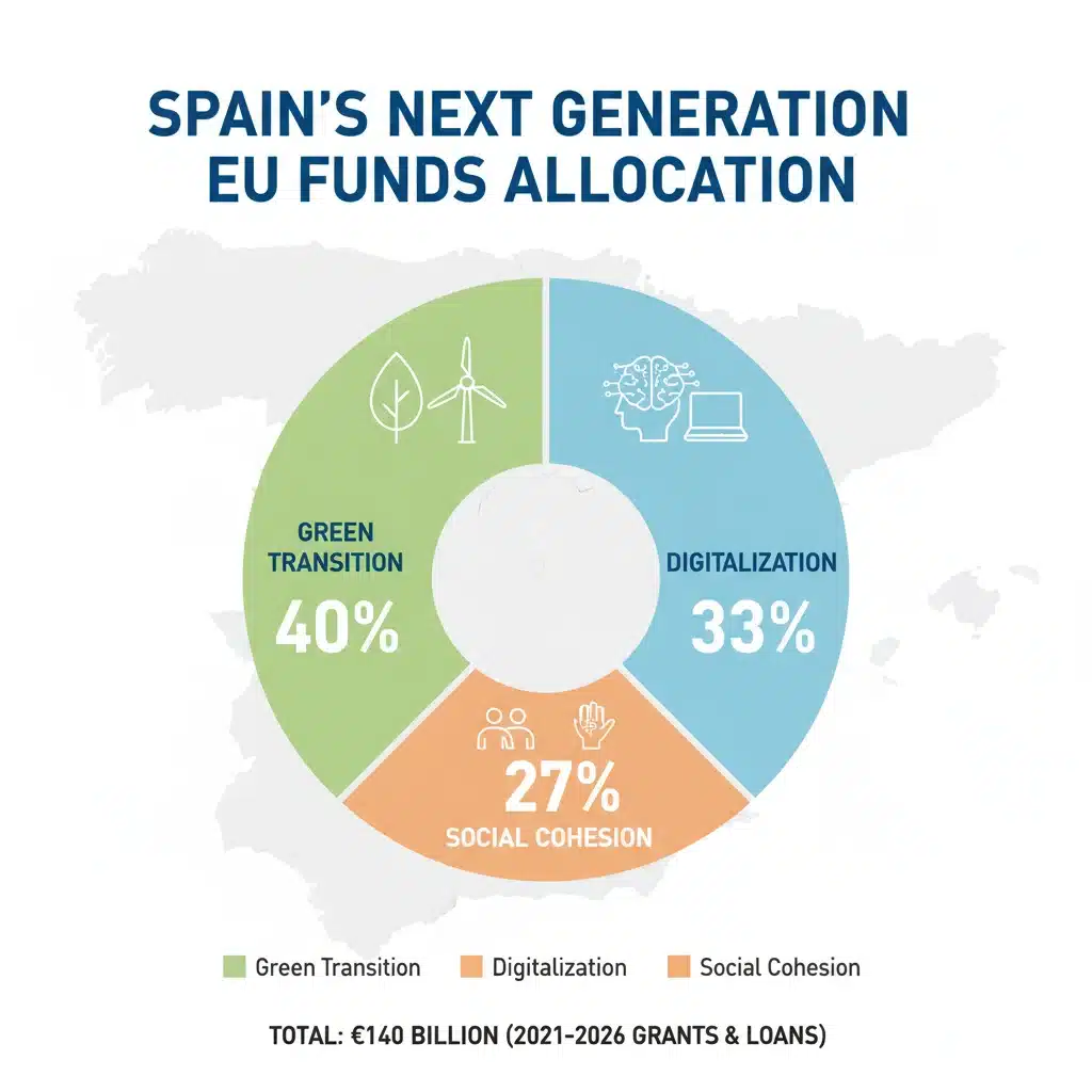 Infografía detallada de la distribución de los fondos Next Generation EU en España por áreas estratégicas.