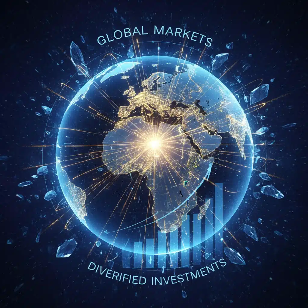 Globo terráqueo con líneas de conexión que simbolizan la diversificación global de las inversiones y mercados interconectados.
