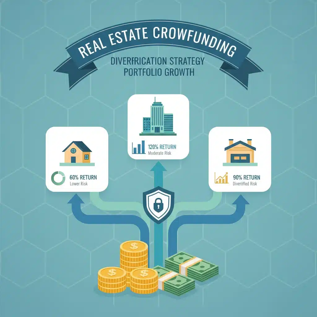 Infografía de diversificación de inversiones en crowdfunding inmobiliario, mostrando dinero en distintos tipos de propiedades.