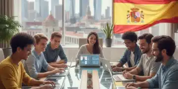 Estudiantes diversos aprendiendo en línea con dispositivos, representando la educación a distancia en España 2026.