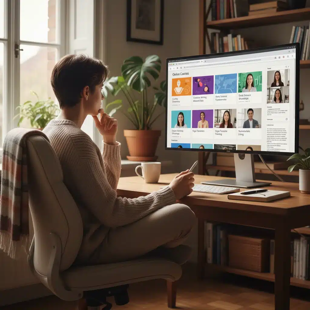Persona navegando opciones de cursos online en un ordenador, simbolizando la flexibilidad de la educación a distancia.