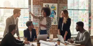Jóvenes emprendedores de FP colaborando en un espacio de coworking, impulsando nuevas ideas de negocio.