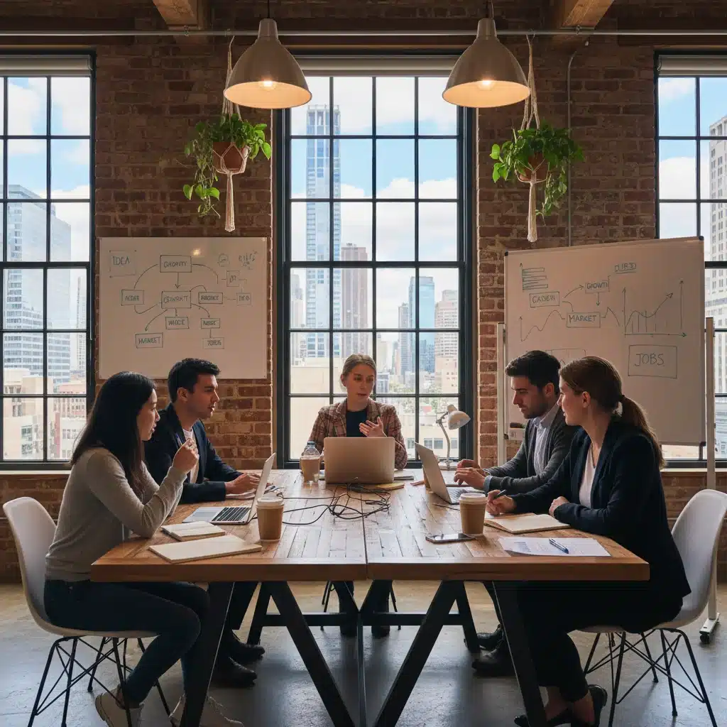 Jóvenes emprendedores colaborando en un espacio de coworking, impulsando la innovación y el empleo.