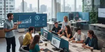 Empresarios y alumnos de FP Dual colaborando en un entorno moderno