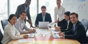 Grupo de empresarios colaborando, simbolizando el éxito y las oportunidades de financiación en España.