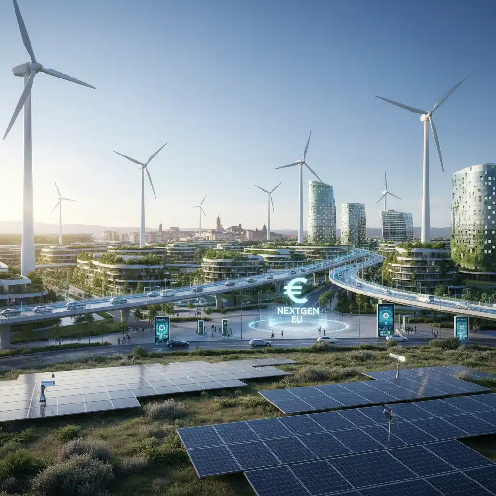 Representación visual de la España del futuro con energías renovables y ciudades inteligentes gracias a la inversión europea.