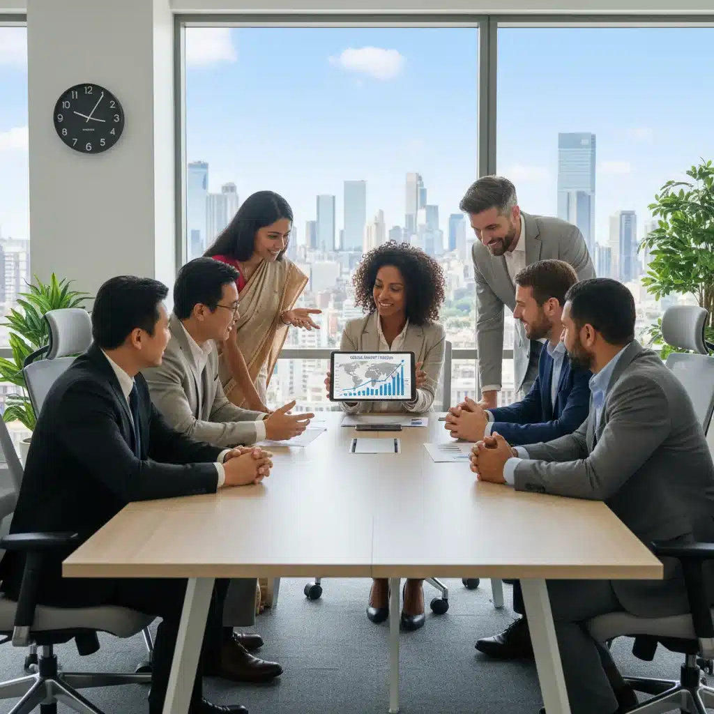 Profesionales de negocios analizando datos de mercado global y estrategias de comercio internacional en una reunión.