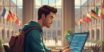 Estudiante revisando información de créditos ECTS en una tablet, convalidación estudios