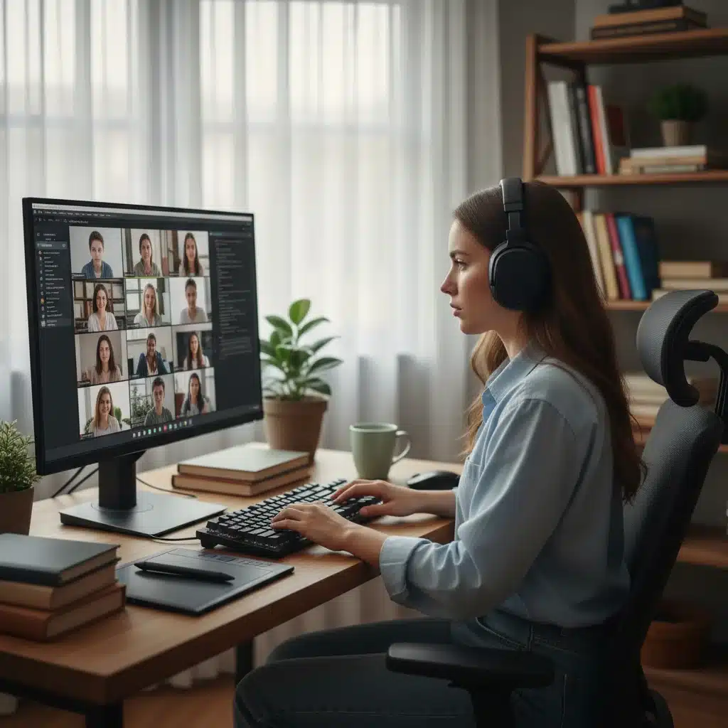 Estudiante concentrado en su formación profesional online desde casa