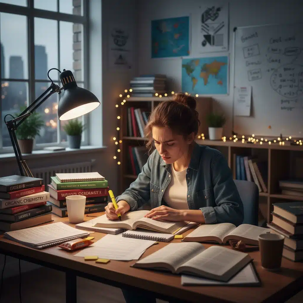 Joven estudiando concentrado para la EvAU, preparándose para los exámenes.