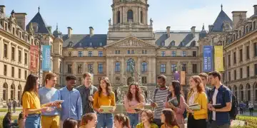 Estudiantes diversos interactuando en un campus universitario europeo, simbolizando la movilidad Erasmus+ 2026.