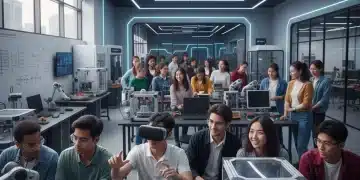 Estudiantes de FP interactuando con robótica y tecnología avanzada en un laboratorio moderno, simbolizando la innovación educativa.