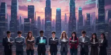 Estudiantes universitarios mirando hacia un futuro tecnológico y lleno de oportunidades laborales.