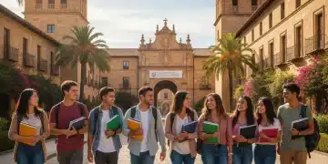 Estudiantes internacionales felices en un campus universitario español, simbolizando el estudio en el extranjero.