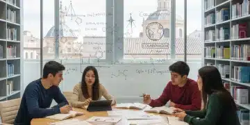 Estudiantes universitarios colaborando en un máster oficial en España