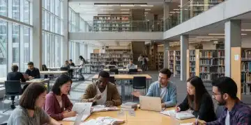 Estudiantes diversos estudiando en una biblioteca universitaria moderna, representando la oportunidad de becas.