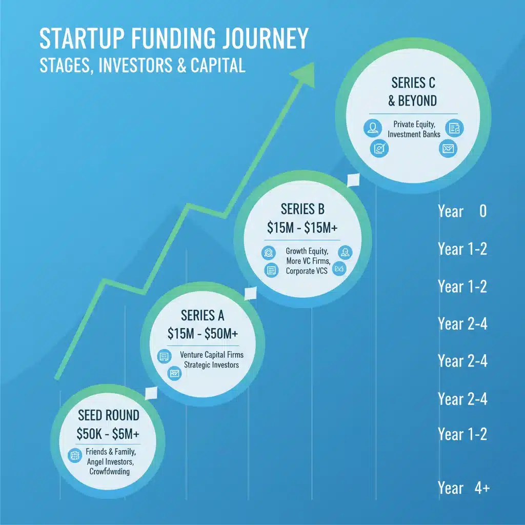 Infografía detallada sobre las etapas de financiación de startups: semilla, Serie A, B, C, con sus características y tipología de inversores.