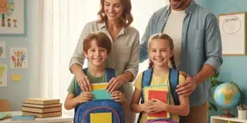 Familia feliz preparando material escolar para el curso 2026 con nuevas ayudas.