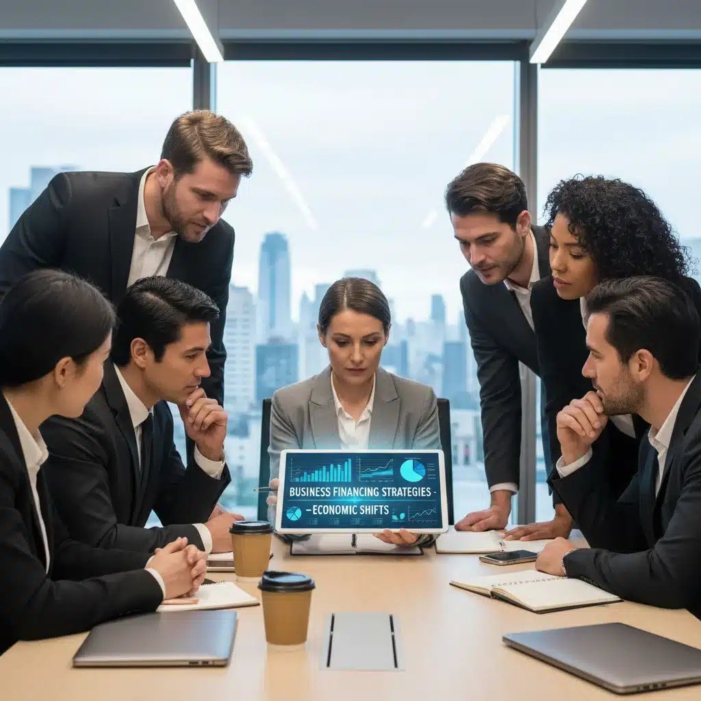 Equipo de empresarios analizando datos financieros y estrategias de financiación empresarial