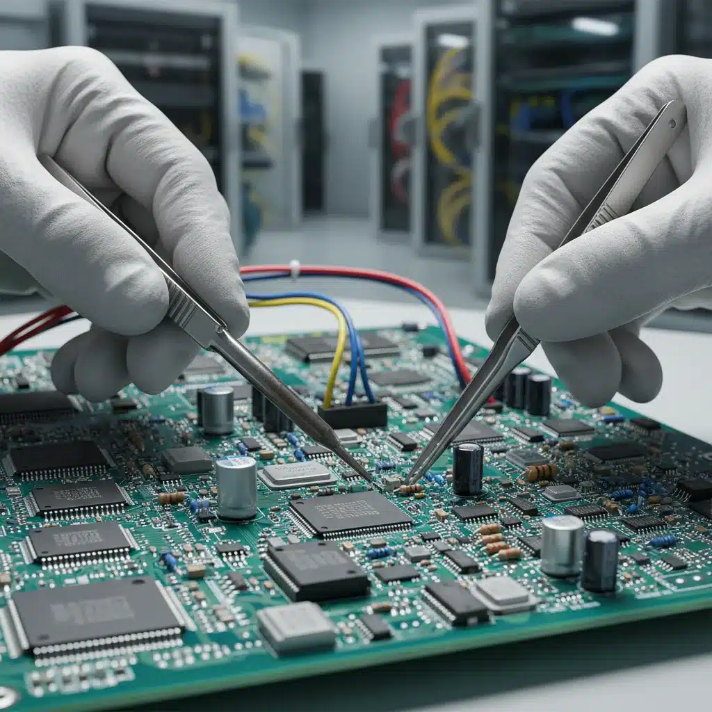 Manos trabajando en una placa de circuito, representando la Formación Profesional en automatización y robótica.