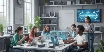 Jóvenes estudiantes de FP colaborando en un aula moderna, simbolizando la alta demanda laboral de sus futuros ciclos.
