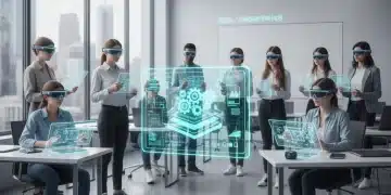 Estudiantes de FP en un aula moderna con tecnología avanzada, utilizando realidad aumentada y tabletas, simbolizando la digitalización en 2026.