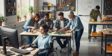 Estudiantes con discapacidad en un aula de Formación Profesional, utilizando tecnología adaptada y colaborando con compañeros.