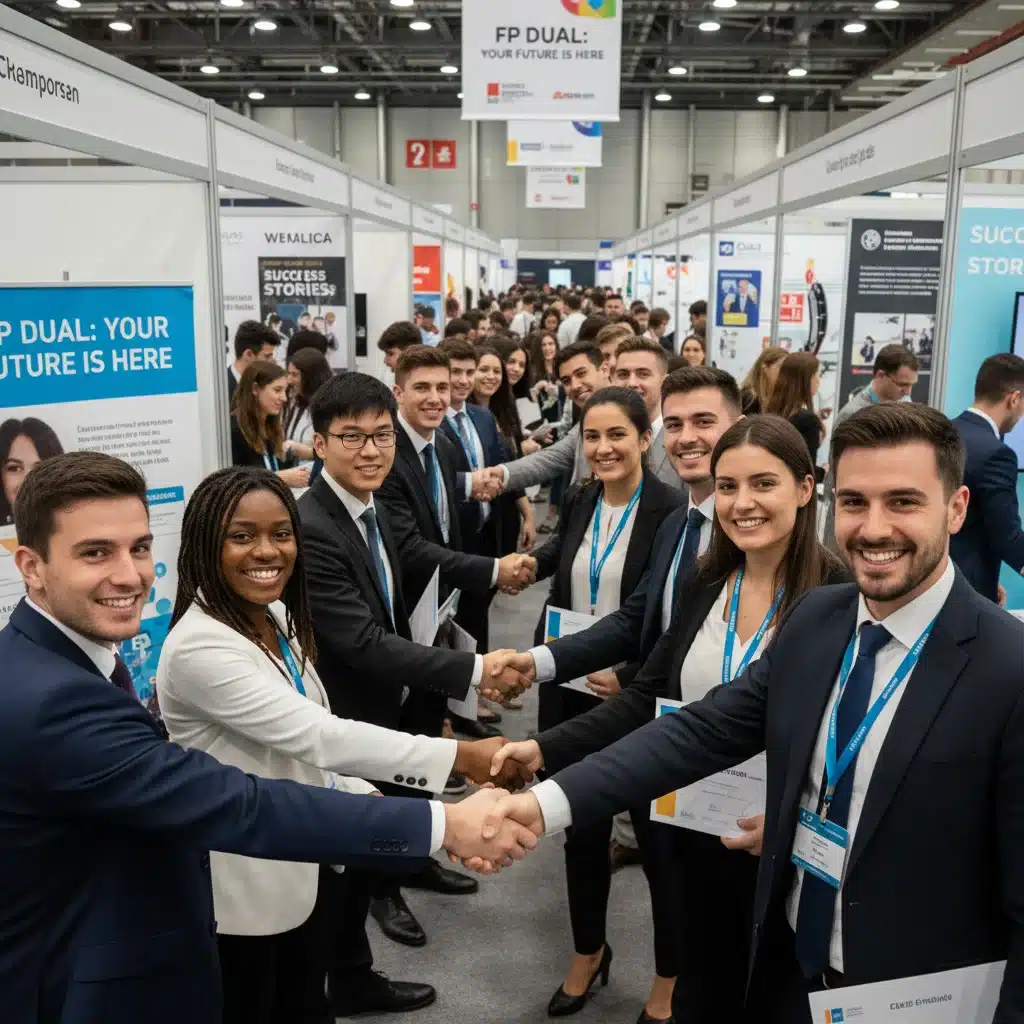 Graduados de FP Dual interactuando con empresas en una feria de empleo, representando oportunidades laborales.