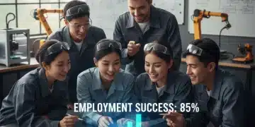 Estudiantes de FP Dual en un taller moderno, simbolizando éxito profesional y alta empleabilidad.