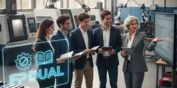 Jóvenes estudiantes y un tutor interactuando en un entorno de FP Dual, simbolizando la formación práctica y teórica.