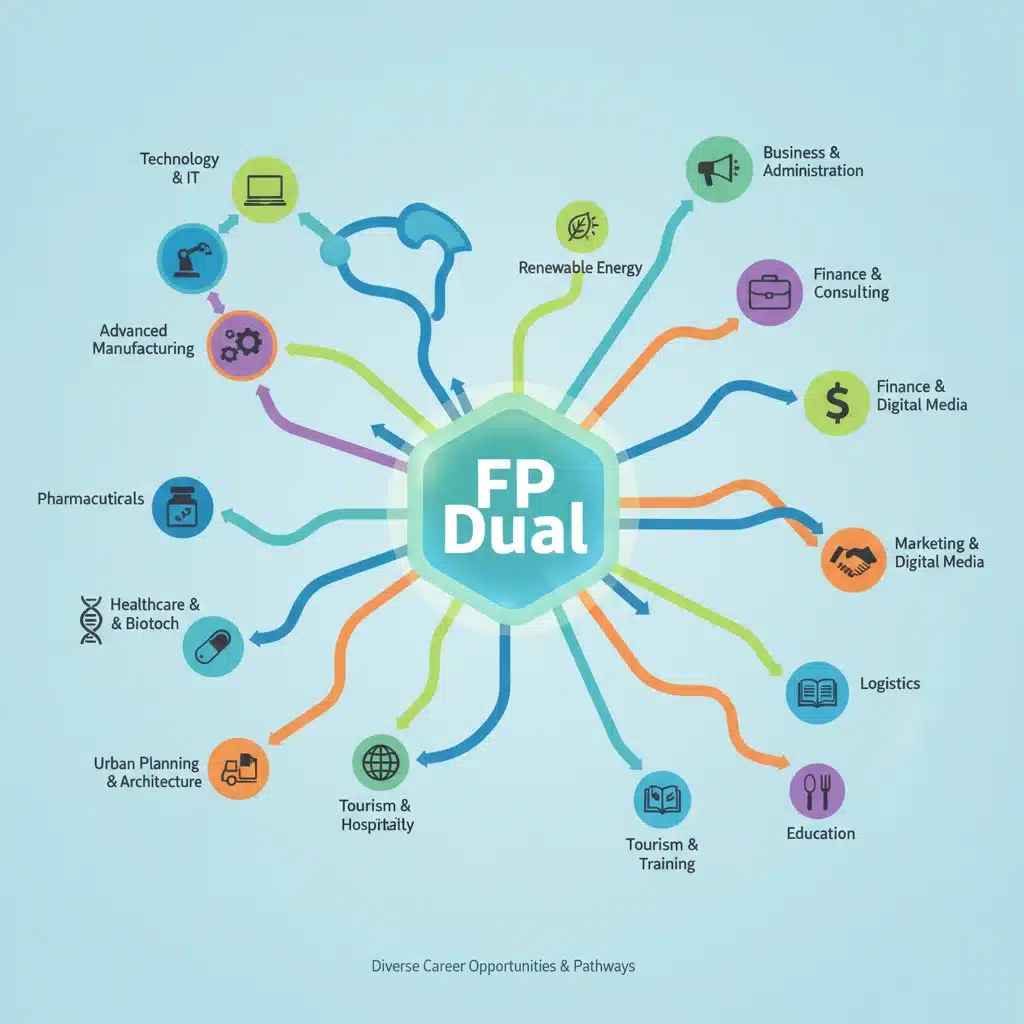 Gráfico ilustrando la interconexión de industrias y roles profesionales a través de la Formación Profesional Dual.