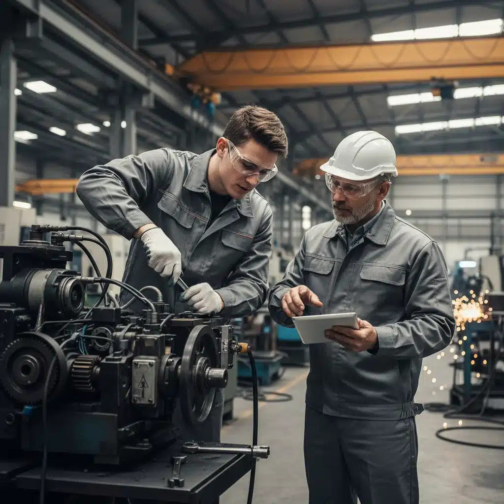 Estudiante de FP Dual trabajando en maquinaria industrial con supervisión, aprendiendo de forma práctica.