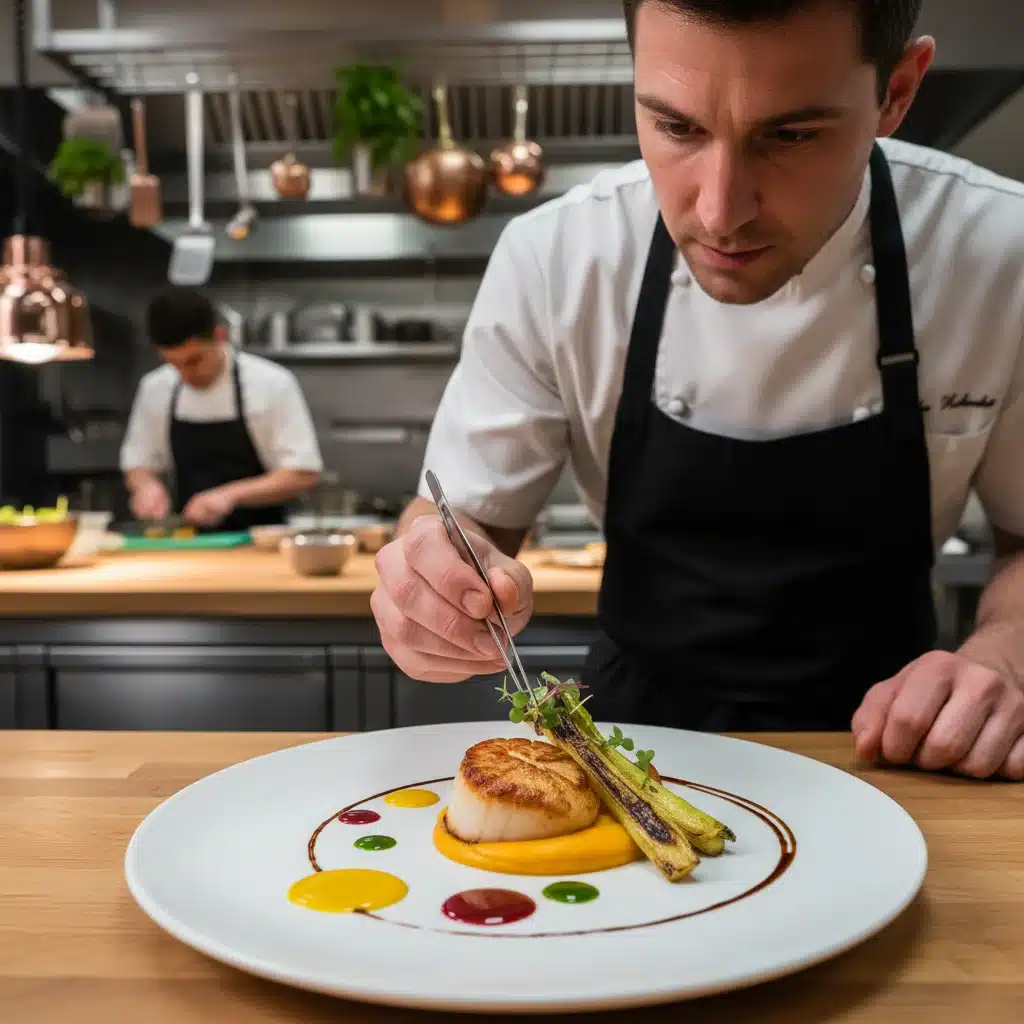 Chef profesional emplatando un plato gourmet, destacando la excelencia en hostelería y turismo.