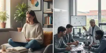 Comparativa visual entre estudiante de FP online y grupo de FP presencial