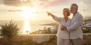 Pareja mayor sonriente mirando hacia el futuro, con elementos de la bandera española y gráficos que representan estabilidad financiera en la jubilación.