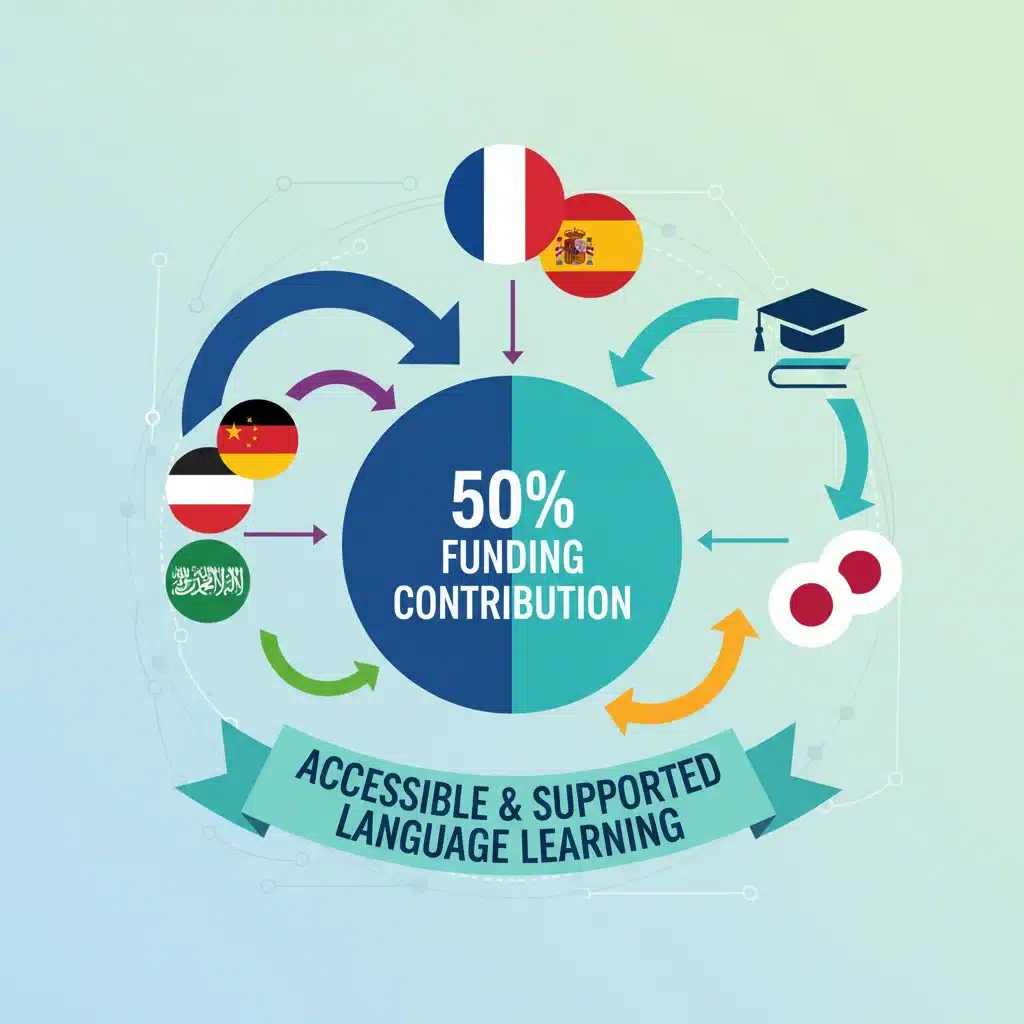 Gráfico ilustrativo de financiación del 50% para cursos de idiomas, con iconos de banderas y un birrete de graduación. Financiación cursos idiomas.