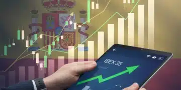 Gráficos financieros con tendencias alcistas y bandera española, representando la inversión en fondos indexados en España.